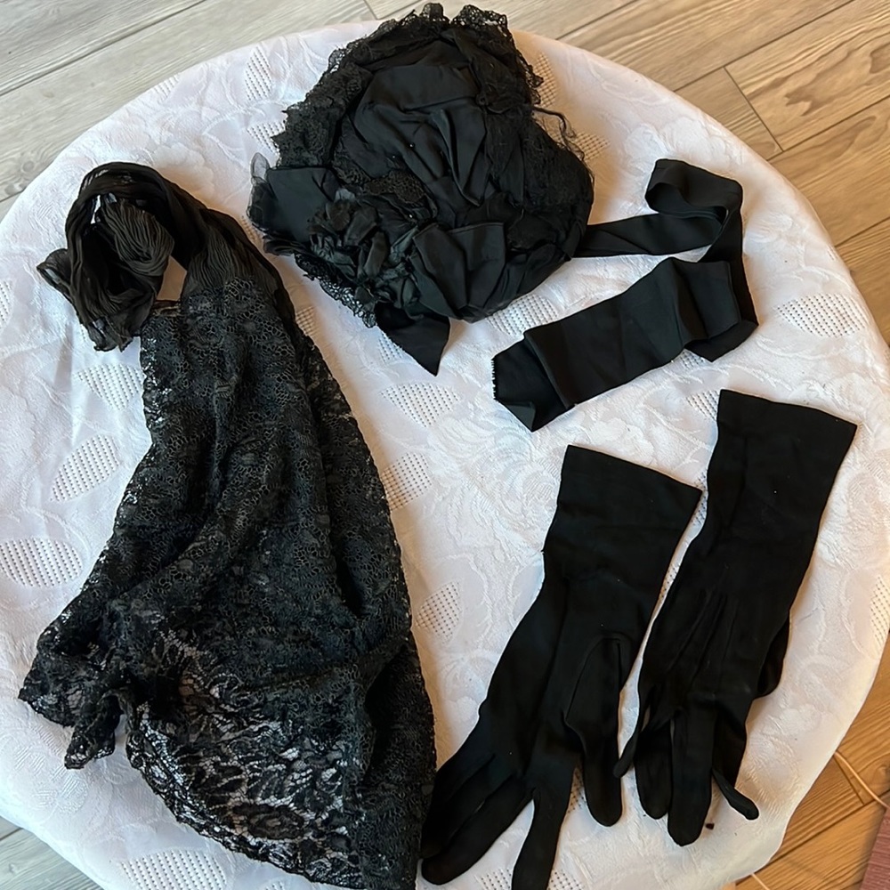 Antique Victorian Black Silk Mourning Hat, gloves, lace collar- PRICE FIRM